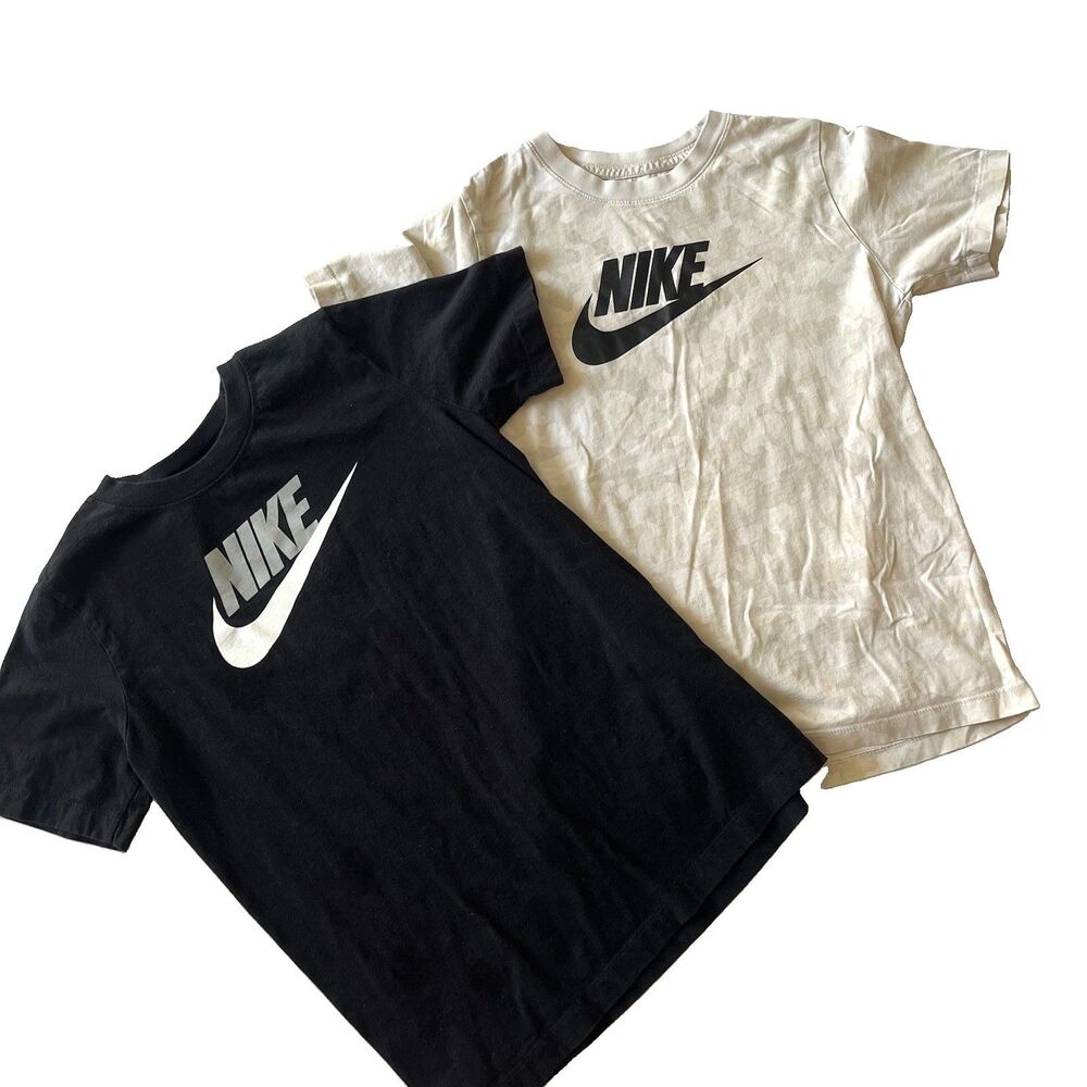 The NIKE Tee Unisex Youth L Black / Tan Camo T-Shirt Swoosh S/S Lot 2 Shirts Gym